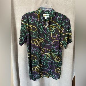 Tipsy Elves Mardi Gras beads short sleeve button down Men's L slim fit